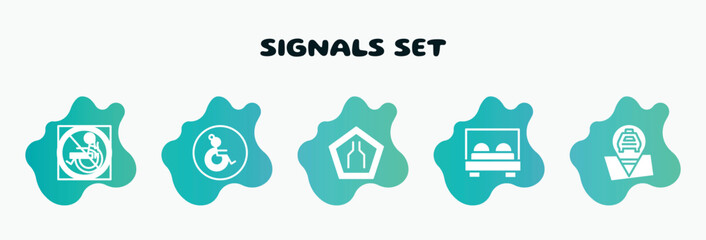 signals set filled icons set. flat icons such as wheelchair side view, narrow road, bed, taxi stop, forbidden smoking icon collection. can be used web and mobile.