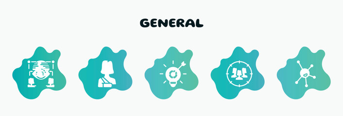 general filled icons set. flat icons such as shoulder immobilizer, marketing strategy, team target, organism, trackability icon collection. can be used web and mobile.