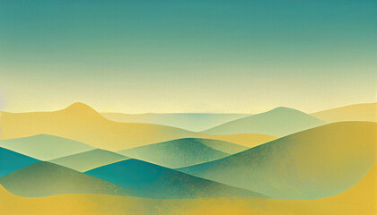 Mountains landscape. Digital minimalistic illustration of mountains. Layers of mountains on paper texture in vintage style. Yellow, blue, green color.