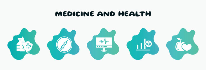 medicine and health filled icons set. flat icons such as drug abuse, heartbeats monitoring, bar graph with a cross, healthy food for heart health care, immunity drugs icon collection. can be used