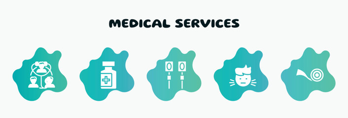 medical services filled icons set. flat icons such as drug container, electrotherapy, sick boy, medical tape, diage icon collection. can be used web and mobile.