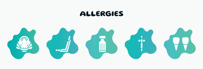 allergies filled icons set. flat icons such as inhalator, homeopathy, anesthesia, incisor, mollusc icon collection. can be used web and mobile.