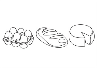 continuous line draw vector illustration-eggs, bread and cheese