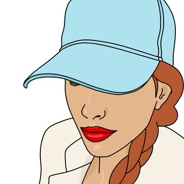 Young Woman with Braided Hair Wearing a Baseball Cap. Mockup Template for Merchandising with Copy Space for Custom Text in Light Blue