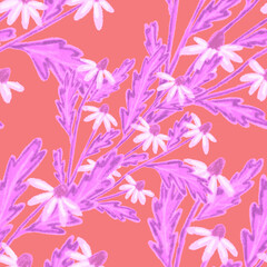 Fototapeta na wymiar Creative seamless pattern with abstract flowers drawn with wax crayons. Bright colorful floral print. 