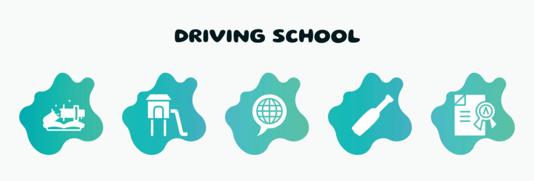 driving school filled icons set. flat icons such as children park, languages, baseball bat, grade, damaged icon collection. can be used web and mobile.