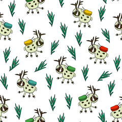Deer space suit, spruce twigs watercolor seamless pattern. Template for decorating designs and illustrations.