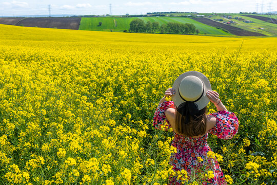 Beautiful girl with dress and hat in the Canola Fields. Blooming canola fields under a blue sky with clouds. Beautiful yellow flowers. Happy girl in nature.