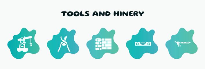 tools and hinery filled icons set. flat icons such as pruning shears, linoleum, level gauge, sealant, small crane icon collection. can be used web and mobile.