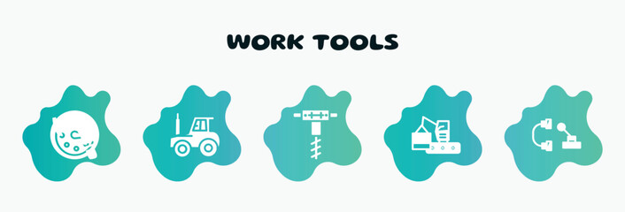 work tools filled icons set. flat icons such as tractor side view, pickaxes drilling, derrick with boxes, hinery parts, circular speedometer icon collection. can be used web and mobile.