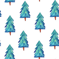 Blue spruces in the forest watercolor seamless pattern. Template for decorating designs and illustrations.