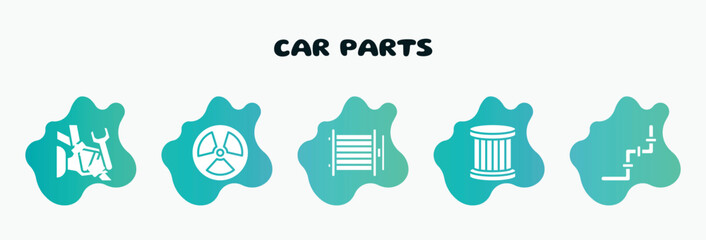 car parts filled icons set. flat icons such as radiation, condenser, oil filter, junction, seatbelt icon collection. can be used web and mobile.