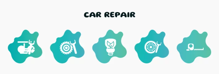 Fotobehang car repair filled icons set. flat icons such as tyre, ecologic light bulb, winter tires, open scale, pedals icon collection. can be used web and mobile. © VectorStockDesign
