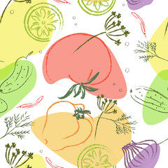 Seamless pattern of vegetables and colored spots on a light background. Vector.