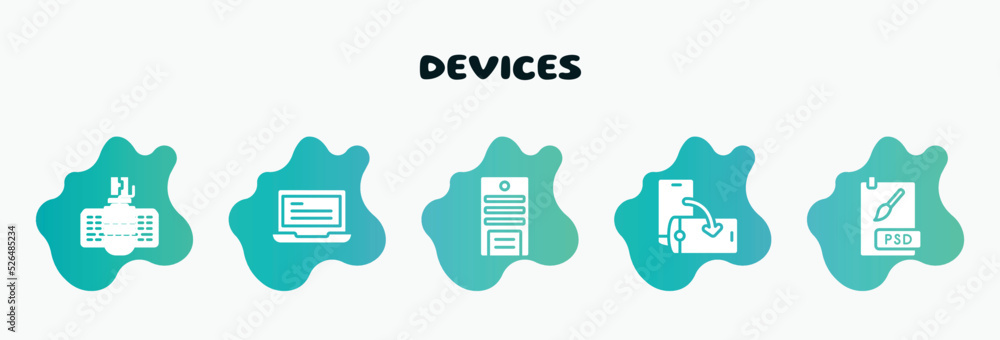 Aufkleber devices filled icons set. flat icons such as laptop with text, system unit, rotate screen, psd file,