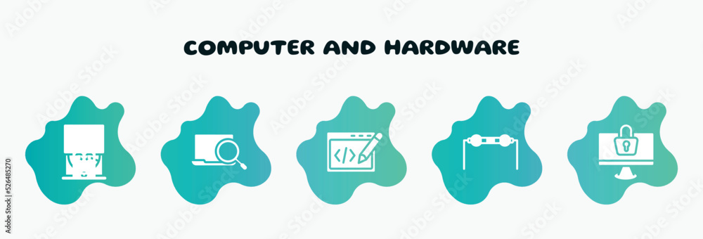 Poster computer and hardware filled icons set. flat icons such as computer search, editing code, resistance