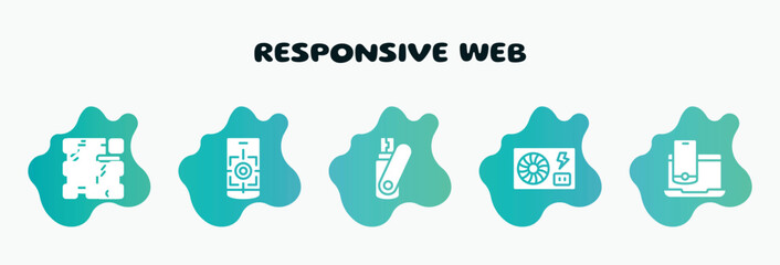 responsive web filled icons set. flat icons such as focus tool, flash card, psu, laptop and smartphone, tablet and phone icon collection. can be used web and mobile.