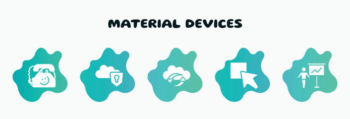 material devices filled icons set. flat icons such as protected on internet, clouds data synchronization, test box, , head ear hook icon collection. can be used web and mobile.