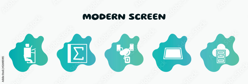 Poster modern screen filled icons set. flat icons such as spreadsheet with sum, synchronized devices, persp