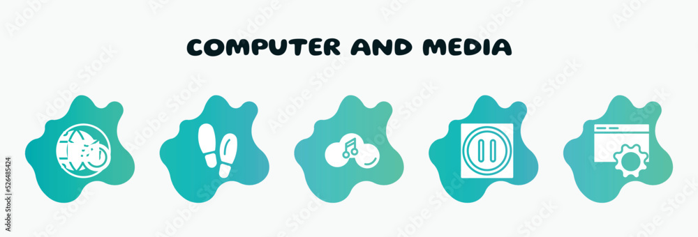 Poster computer and media filled icons set. flat icons such as footsteps, music on cloud, pause, internet c