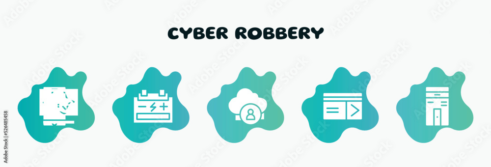 Aufkleber cyber robbery filled icons set. flat icons such as accumulator, cloud user, keycard, computer case, 