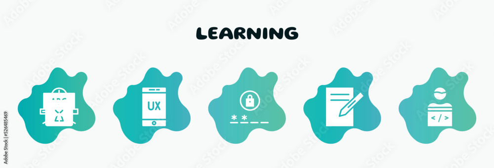 Poster learning filled icons set. flat icons such as ux, passwords, text editor, programmer, blackboard ico