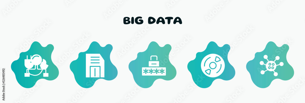 Poster big data filled icons set. flat icons such as floppy, security code, cds, germs, cloud sharing icon 