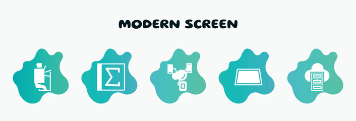 modern screen filled icons set. flat icons such as spreadsheet with sum, synchronized devices, perspective of tool, server cloud, screen flat side view icon collection. can be used web and mobile.