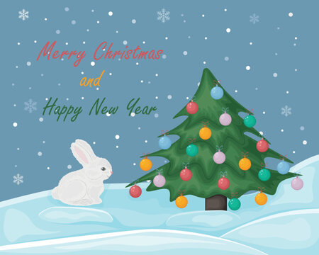 Rabbit near the Christmas tree. An image of a rabbit sitting near a Christmas tree decorated with Christmas toys. The symbol of the new year near the Christmas tree. Vector