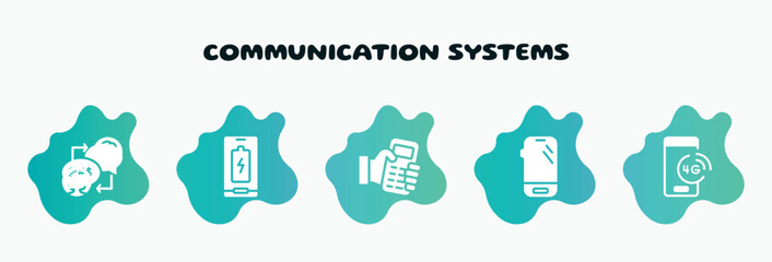 communication systems filled icons set. flat icons such as full charged battery, hand holding a cellphone, mobile phone variant, 4g technology, people connection icon collection. can be used web and