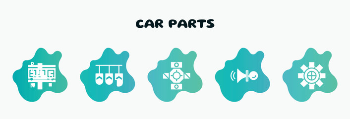 car parts filled icons set. flat icons such as car pedal, car universal joint, horn, sprocket, cylinder head icon collection. can be used web and mobile.