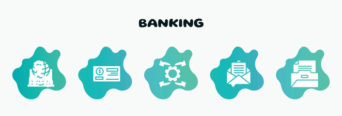 banking filled icons set. flat icons such as cheque, possibility, email marketing, files and folders, banker icon collection. can be used web and mobile.