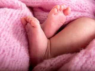 Baby feet on pink wrapped