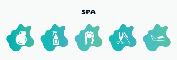 spa filled icons set. flat icons such as hair salon spray bottle and can, long female hair tincture, scissor and comb, waxing, liposuction icon collection. can be used web and mobile.