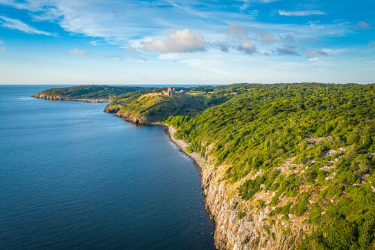 aerial view of the coast of west bornholm with castle hammerhus