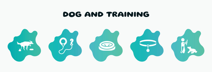 dog and training filled icons set. flat icons such as leash, pet bed, collar, man dog and stick, dog poo icon collection. can be used web and mobile.