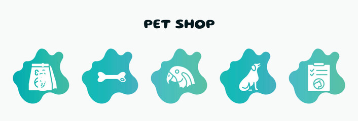 pet shop filled icons set. flat icons such as dog toy, parrot head, dog seating, cat health list, cat food icon collection. can be used web and mobile.