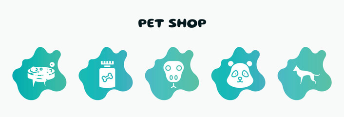 pet shop filled icons set. flat icons such as honey treat, snake head, panda bear head, german shepherd, cat collar icon collection. can be used web and mobile.