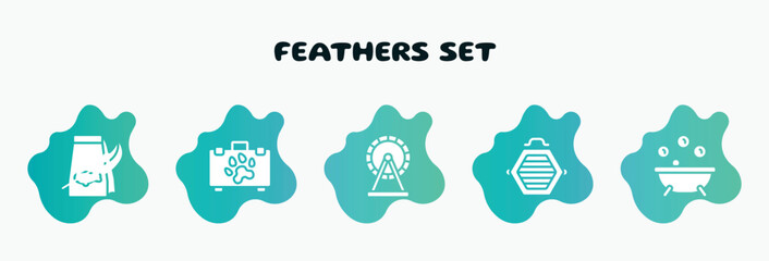 feathers set filled icons set. flat icons such as pet first aid, hamster wheel, cat box, pets bath, feathers icon collection. can be used web and mobile.