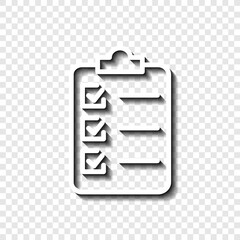 Clipboard and checklist simple icon vector. Flat design. White with shadow on transparent grid.ai
