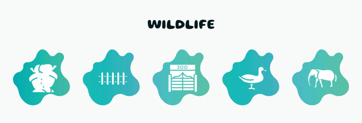 wildlife filled icons set. flat icons such as fence, zoo, duck, elephants, hazelnut icon collection. can be used web and mobile.