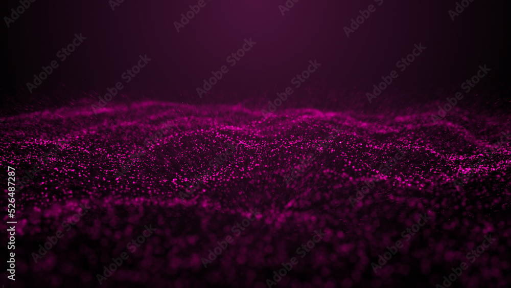 Poster a wave of particles. abstract background with dynamic pink wave. blue background with moving particl