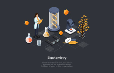 Concept Of Biochemistry. Scientist Man In Uniform Research DNA, Molecular Biotechnology, Make Biological Experiments In Laboratory Using Chemistry Equipment. Isometric Cartoon 3d Vector Illustration