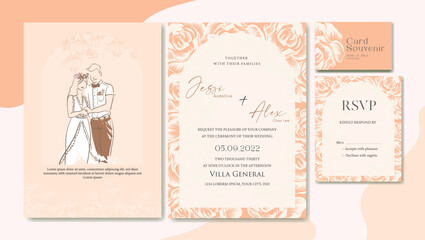 Wedding Invitation set, floral invite Souvenir, rsvp modern card Design in pink peach brown floral with rose pastel tone  decorative Vector elegant rustic template