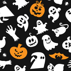 Seamless vector pattern for Halloween design. Halloween symbols: pumpkin, ghost, spider in cartoon style. Vector Illustration