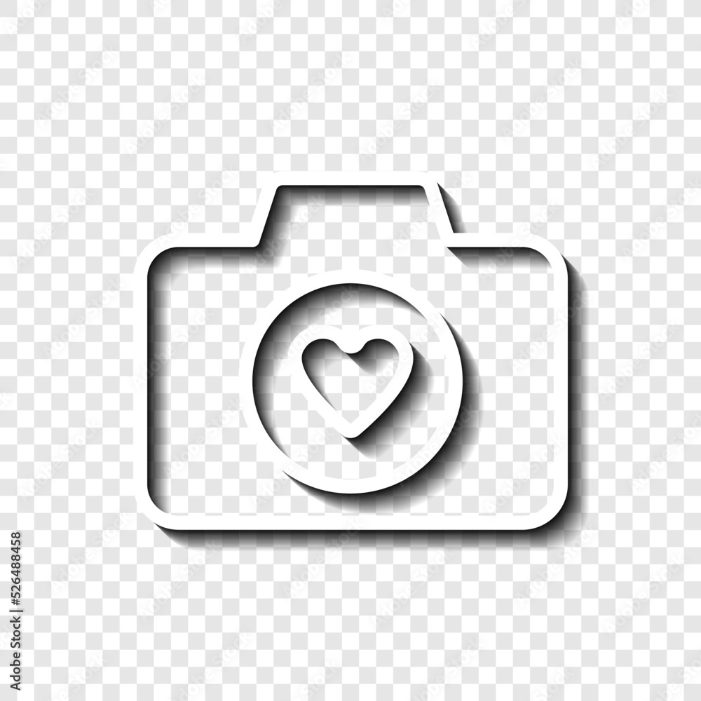 Poster photo camera with heart simple icon vector. flat design. white with shadow on transparent grid.ai