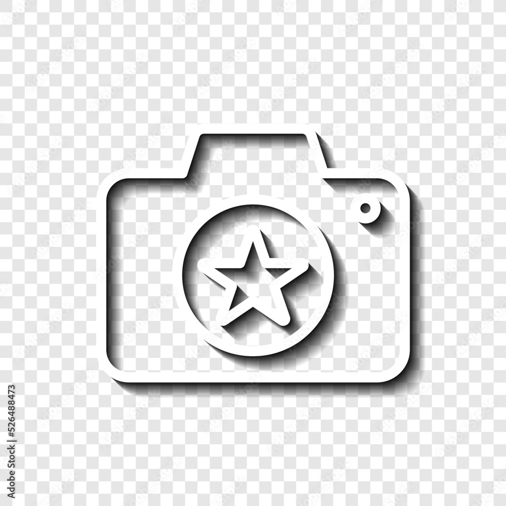 Poster photo camera with star simple icon vector. flat design. white with shadow on transparent grid.ai