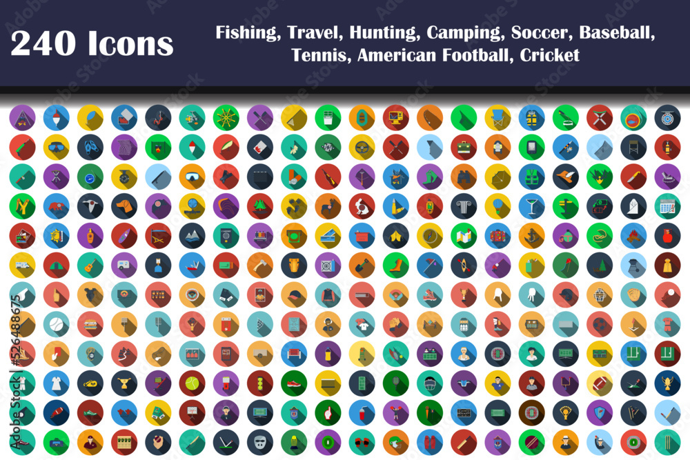 Poster 240 icons of fishing, travel, hunting, camping, soccer, baseball, tennis, american football, cricket