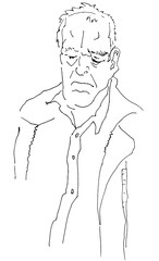 Hand drawn minimalistic line sketch abstract people realistic cartoon comic style man. Concept of elderly person using smartphone. Portrait of retired man clip-art for design  lack of appearance