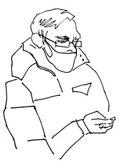 Hand drawn minimalistic line sketch abstract people realistic cartoon comic style man. Concept of elderly person using smartphone. Portrait of retired man clip-art for design  lack of appearance 